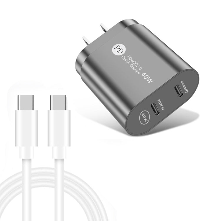 002 40W PD3.0 Caricabatterie USB-C/tipo-C a doppia porta con cavo dati da tipo C a tipo C, spina USA, US Plug + Type-C to Type-C Cable