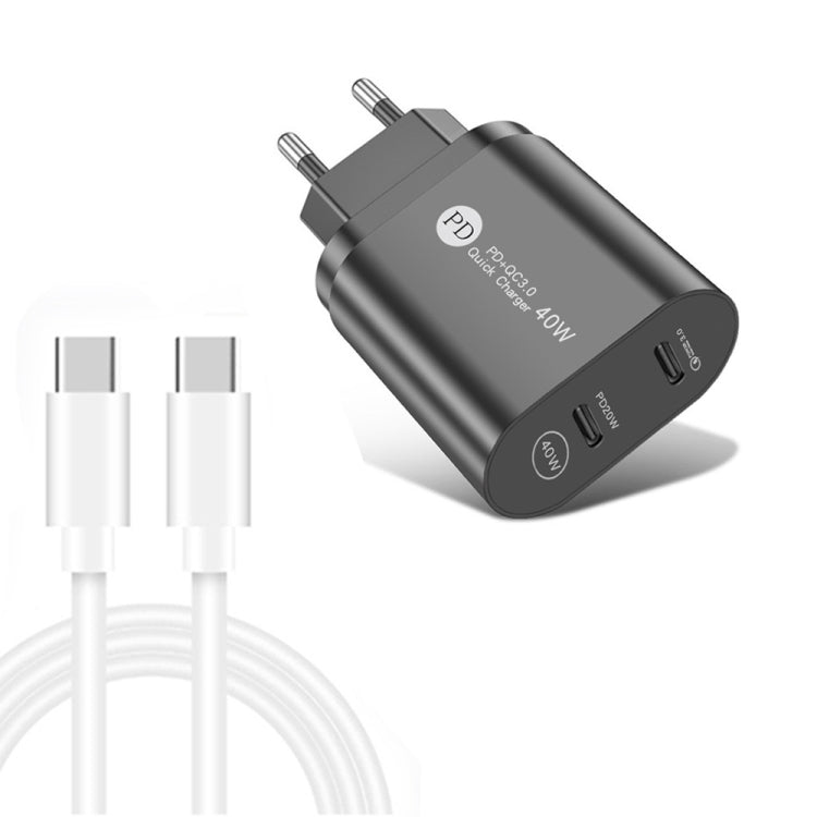 002 40W PD3.0 Caricabatterie USB-C/tipo-C a doppia porta con cavo dati da tipo C a tipo C, spina europea, EU Plug + Type-C to Type-C Cable