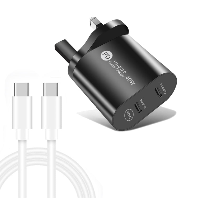 002 40W PD3.0 Caricabatterie USB-C/tipo-C a doppia porta con cavo dati da tipo C a tipo C, spina UK, UK Plug + Type-C to Type-C Cable