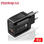PD25W USB-C / Type-C + QC3.0 Caricatore rapido USB a doppia porta, spina europea, EU Plug