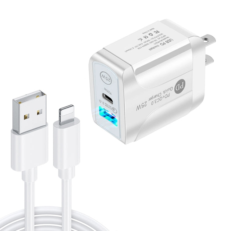PD25W USB-C / Type-C + QC3.0 Caricatore rapido USB a doppia porta con cavo dati da USB a 8 pin, spina USA, US Plug + USB to 8 Pin Cable