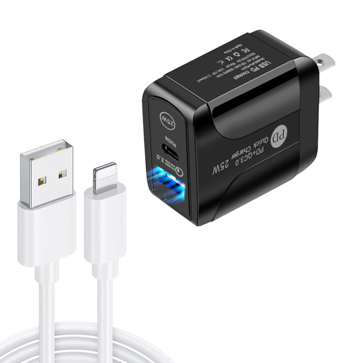 PD25W USB-C / Type-C + QC3.0 Caricatore rapido USB a doppia porta con cavo dati da USB a 8 pin, spina USA, US Plug + USB to 8 Pin Cable