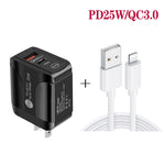 PD25W USB-C / Type-C + QC3.0 Caricatore rapido USB a doppia porta con cavo dati da USB a 8 pin, spina USA, US Plug + USB to 8 Pin Cable