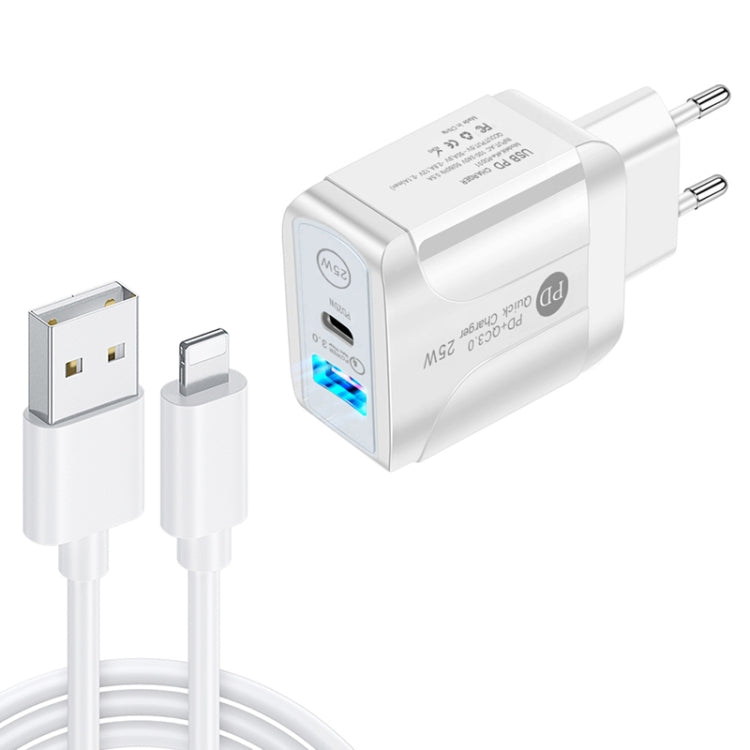 PD25W USB-C / Type-C + QC3.0 Caricatore rapido USB a doppia porta con cavo dati da USB a 8 pin, spina europea, EU Plug + USB to 8 Pin Cable