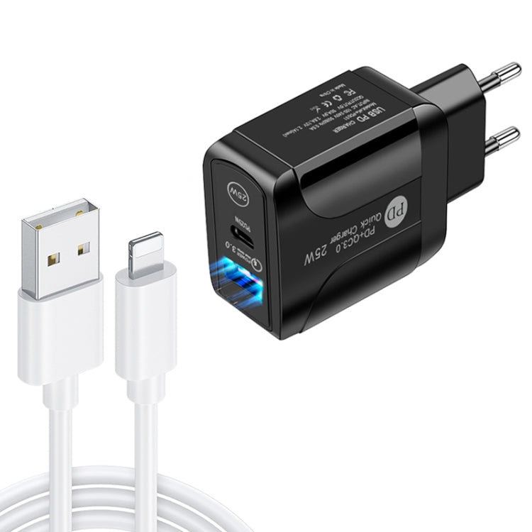 PD25W USB-C / Type-C + QC3.0 Caricatore rapido USB a doppia porta con cavo dati da USB a 8 pin, spina europea, EU Plug + USB to 8 Pin Cable