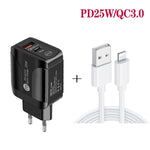 PD25W USB-C / Type-C + QC3.0 Caricatore rapido USB a doppia porta con cavo dati da USB a 8 pin, spina europea, EU Plug + USB to 8 Pin Cable