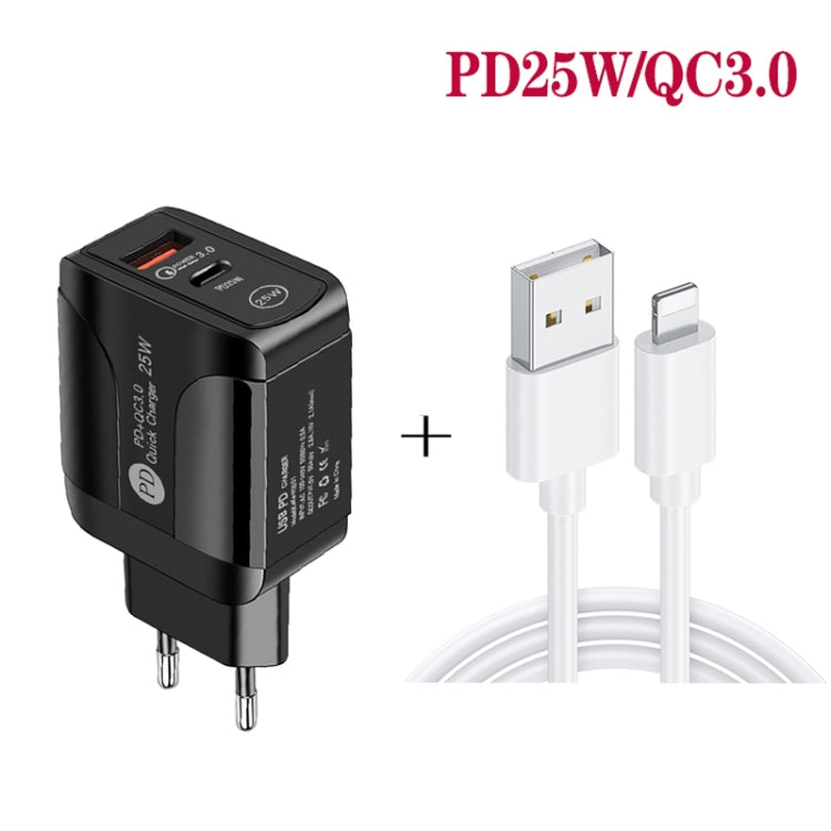 PD25W USB-C / Type-C + QC3.0 Caricatore rapido USB a doppia porta con cavo dati da USB a 8 pin, spina europea, EU Plug + USB to 8 Pin Cable