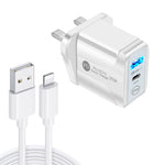 PD25W USB-C / Type-C + QC3.0 Caricatore rapido USB a doppia porta con cavo dati da USB a 8 pin, spina UK, UK Plug + USB to 8 Pin Cable
