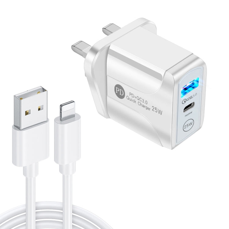 PD25W USB-C / Type-C + QC3.0 Caricatore rapido USB a doppia porta con cavo dati da USB a 8 pin, spina UK, UK Plug + USB to 8 Pin Cable