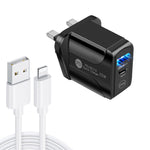 PD25W USB-C / Type-C + QC3.0 Caricatore rapido USB a doppia porta con cavo dati da USB a 8 pin, spina UK, UK Plug + USB to 8 Pin Cable