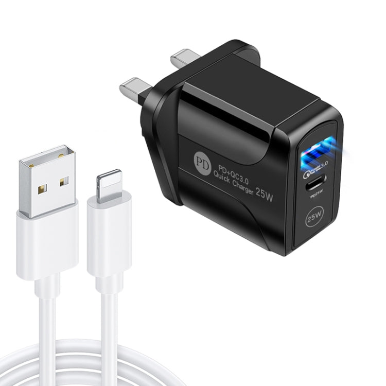 PD25W USB-C / Type-C + QC3.0 Caricatore rapido USB a doppia porta con cavo dati da USB a 8 pin, spina UK, UK Plug + USB to 8 Pin Cable