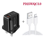 PD25W USB-C / Type-C + QC3.0 Caricatore rapido USB a doppia porta con cavo dati da USB a 8 pin, spina UK, UK Plug + USB to 8 Pin Cable