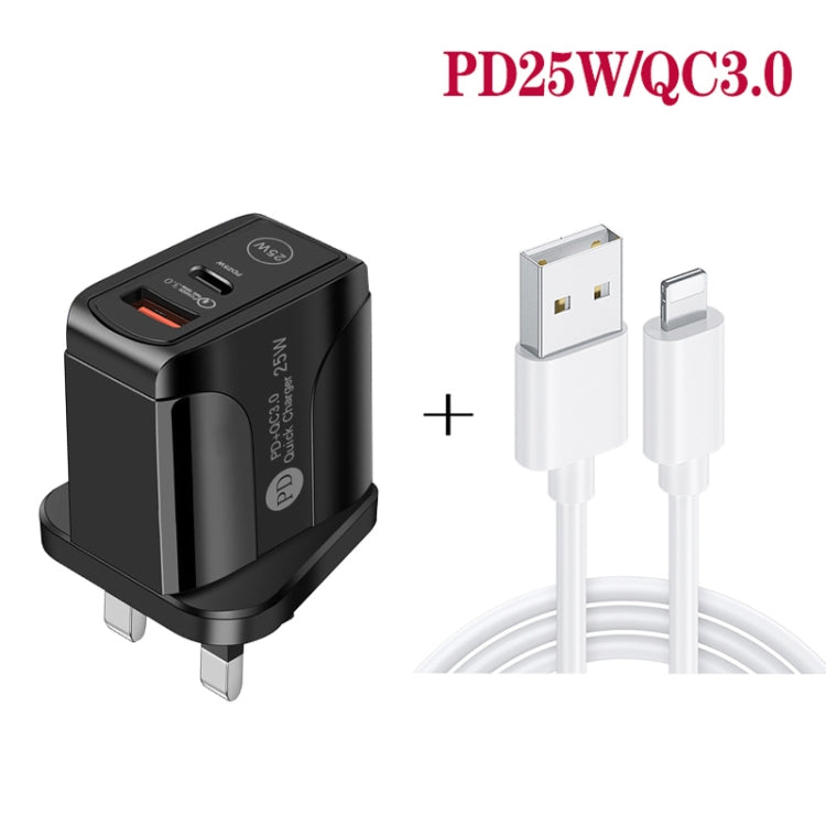 PD25W USB-C / Type-C + QC3.0 Caricatore rapido USB a doppia porta con cavo dati da USB a 8 pin, spina UK, UK Plug + USB to 8 Pin Cable