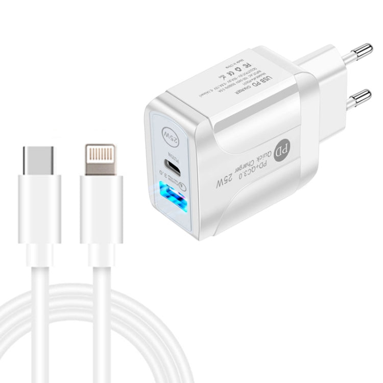 PD25W Caricatore rapido USB-C / Type-C + QC3.0 USB a doppia porta con cavo dati da USB-C a 8 pin, spina europea, EU Plug + USB-C to 8 Pin Cable