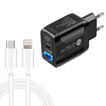 PD25W Caricatore rapido USB-C / Type-C + QC3.0 USB a doppia porta con cavo dati da USB-C a 8 pin, spina europea, EU Plug + USB-C to 8 Pin Cable