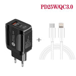 PD25W Caricatore rapido USB-C / Type-C + QC3.0 USB a doppia porta con cavo dati da USB-C a 8 pin, spina europea, EU Plug + USB-C to 8 Pin Cable