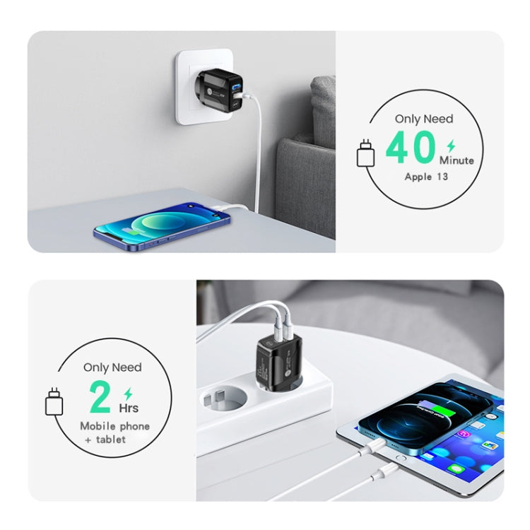 PD25W Caricatore rapido USB-C / Type-C + QC3.0 USB a doppia porta con cavo dati da USB-C a 8 pin, spina europea, EU Plug + USB-C to 8 Pin Cable