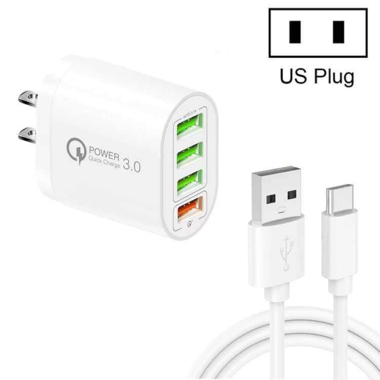 QC-04 QC3.0 + 3 caricabatterie multi-porta USB 2.0 con cavo dati da USB a tipo C da 3 A, spina USA, US Plug + Type-C Cable