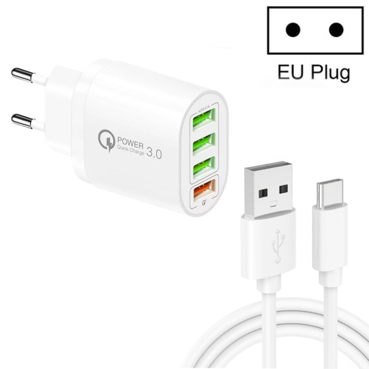 QC-04 QC3.0 + 3 caricabatterie multi-porta USB 2.0 con cavo dati da USB a tipo C da 3 A, spina europea, EU Plug + Type-C Cable