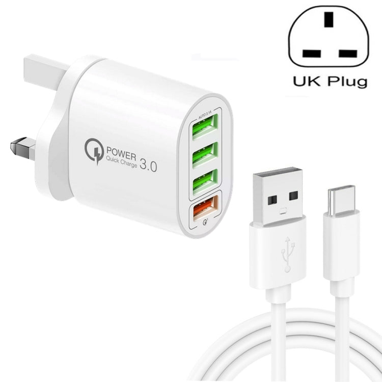 QC-04 QC3.0 + 3 caricabatterie multiporta USB 2.0 con cavo dati da USB a tipo C da 3 A, spina UK, UK Plug + Type-C Cable