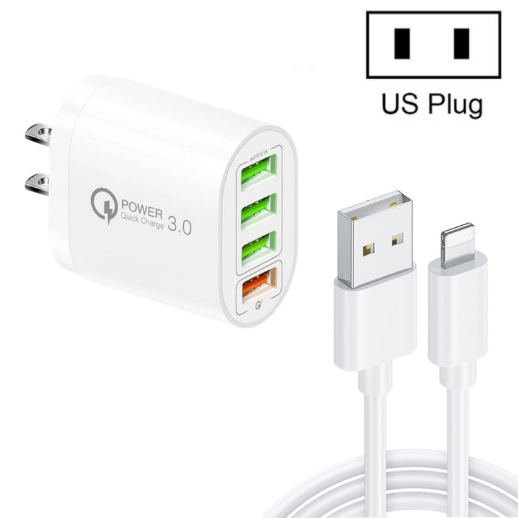 QC-04 QC3.0 + 3 caricabatterie multiporta USB 2.0 con cavo dati da USB a 8 pin da 3 A, spina americana, US Plug + 8 Pin Cable