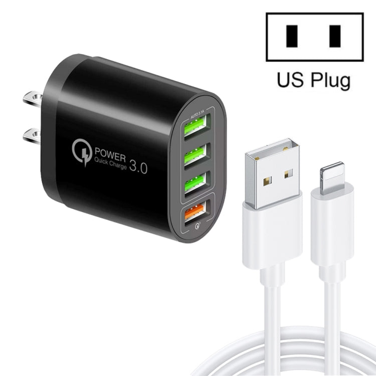 QC-04 QC3.0 + 3 caricabatterie multiporta USB 2.0 con cavo dati da USB a 8 pin da 3 A, spina americana, US Plug + 8 Pin Cable