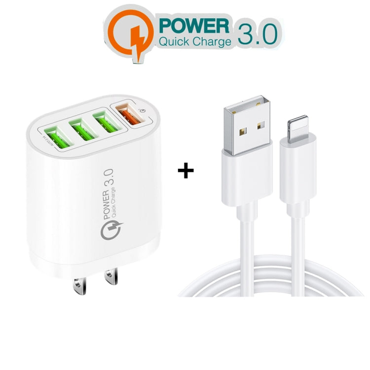 QC-04 QC3.0 + 3 caricabatterie multiporta USB 2.0 con cavo dati da USB a 8 pin da 3 A, spina americana, US Plug + 8 Pin Cable