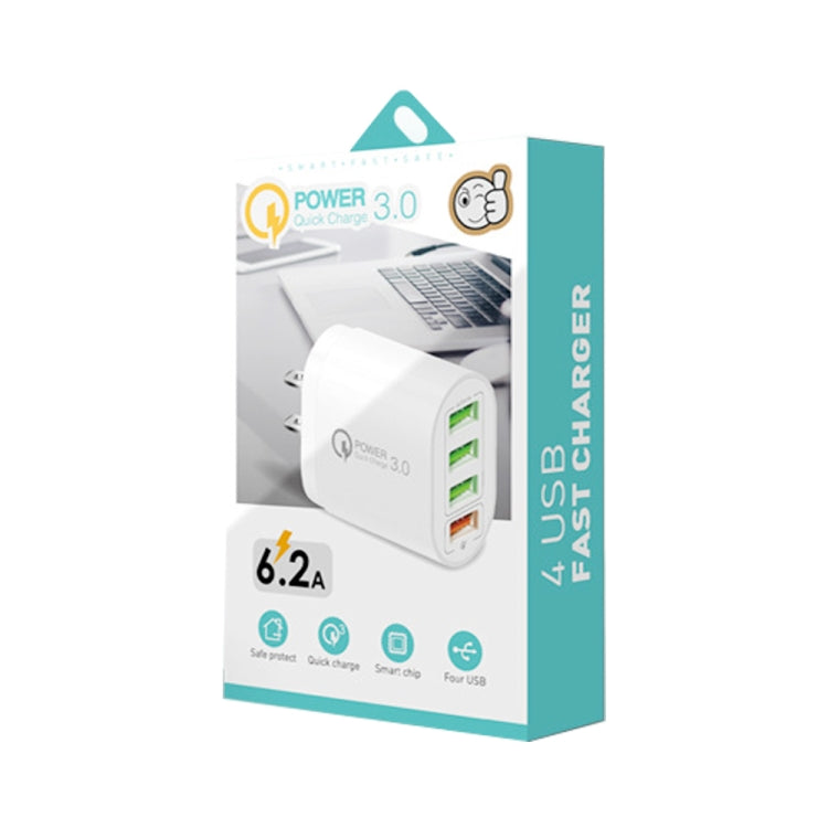 QC-04 QC3.0 + 3 caricabatterie multiporta USB 2.0 con cavo dati da USB a 8 pin da 3 A, spina americana, US Plug + 8 Pin Cable