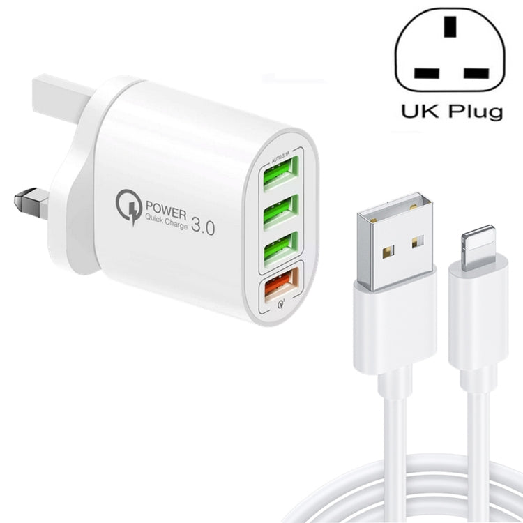 QC-04 QC3.0 + 3 caricabatterie multiporta USB 2.0 con cavo dati da USB a 8 pin da 3 A, presa UK, UK Plug + 8 Pin Cable