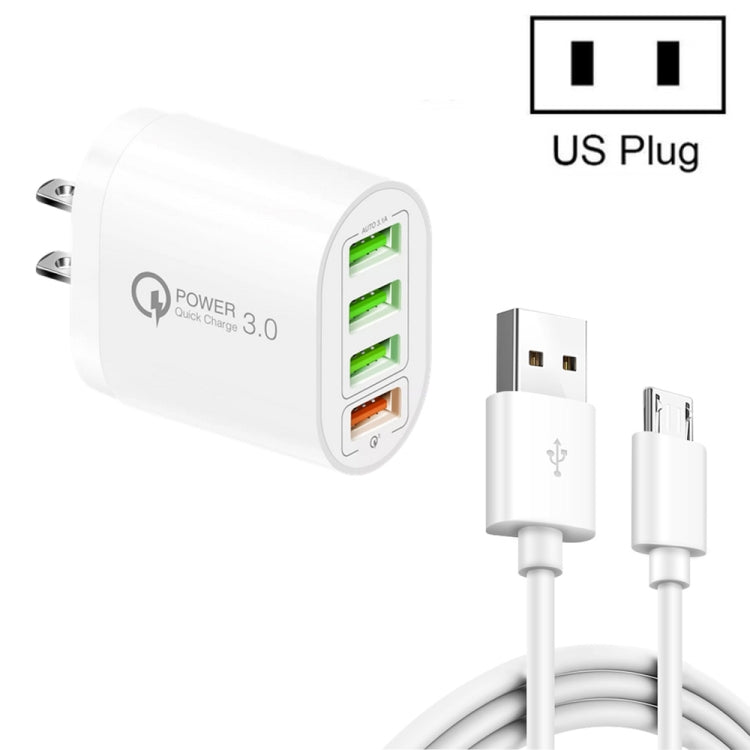 QC-04 QC3.0 + 3 caricabatterie multiporta USB 2.0 con cavo dati da USB a micro USB da 3 A, presa americana, US Plug + Micro USB Cable