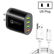 QC-04 QC3.0 + 3 caricabatterie multiporta USB 2.0 con cavo dati da USB a micro USB da 3 A, presa americana, US Plug + Micro USB Cable
