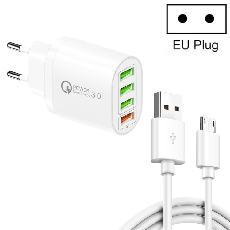 QC-04 QC3.0 + 3 caricabatterie multi-porta USB 2.0 con cavo dati da USB a micro USB da 3 A, spina europea, EU Plug + Micro USB Cable