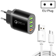 QC-04 QC3.0 + 3 caricabatterie multi-porta USB 2.0 con cavo dati da USB a micro USB da 3 A, spina europea, EU Plug + Micro USB Cable