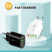 QC-04 QC3.0 + 3 caricabatterie multi-porta USB 2.0 con cavo dati da USB a micro USB da 3 A, spina europea, EU Plug + Micro USB Cable