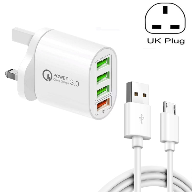 QC-04 QC3.0 + 3 caricabatterie multiporta USB 2.0 con cavo dati da USB a micro USB 3A, spina UK, UK Plug + Micro USB Cable