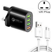 QC-04 QC3.0 + 3 caricabatterie multiporta USB 2.0 con cavo dati da USB a micro USB 3A, spina UK, UK Plug + Micro USB Cable