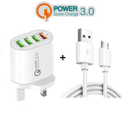 QC-04 QC3.0 + 3 caricabatterie multiporta USB 2.0 con cavo dati da USB a micro USB 3A, spina UK, UK Plug + Micro USB Cable