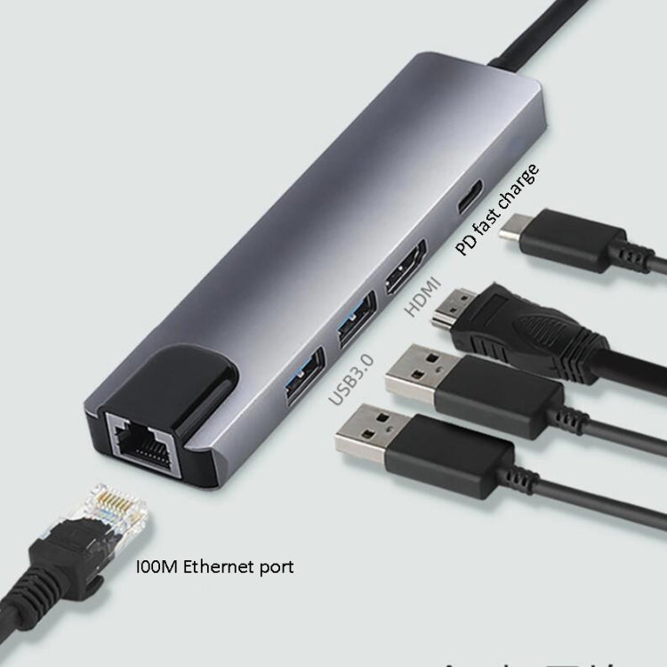Adattatore USB-C 5 in 1 con HDMI, RJ45, USB 3.0 e PD