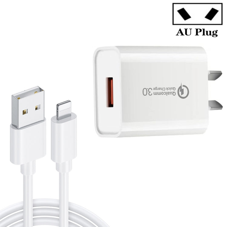 Caricabatterie rapido USB 3A CA-25 QC3.0 con cavo dati da USB a 8 pin, spina AU, AU Plug + 8 Pin Cable