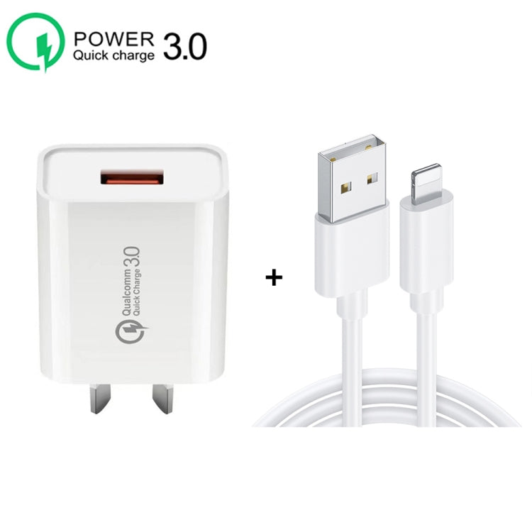 Caricabatterie rapido USB 3A CA-25 QC3.0 con cavo dati da USB a 8 pin, spina AU, AU Plug + 8 Pin Cable