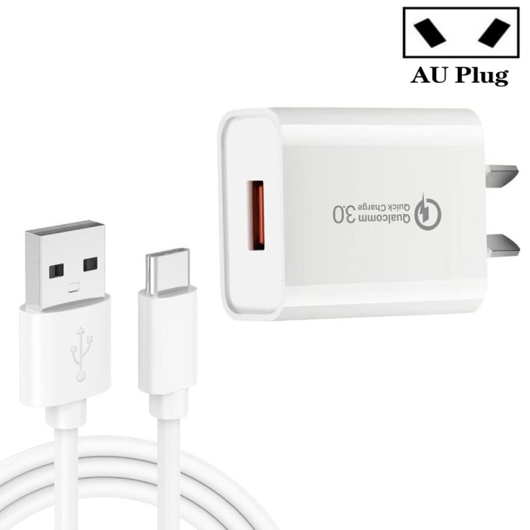 Caricabatterie rapido USB 3A CA-25 QC3.0 con cavo dati da USB a tipo C da 1 m, spina AU, AU Plug + Type-C Cable