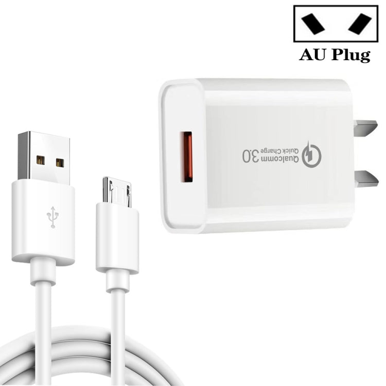 Caricabatterie rapido USB 3A CA-25 QC3.0 con cavo dati da USB a micro USB, spina AU, AU Plug + Micro USB Cable