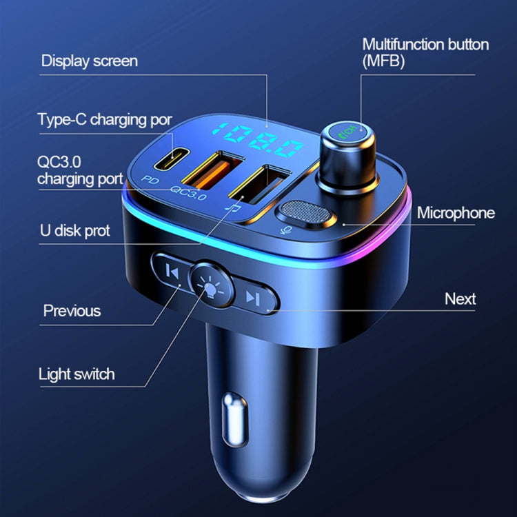 Trasmettitore FM Bluetooth per auto T65 Caricatore doppio USB Type-C QC3.0, T65