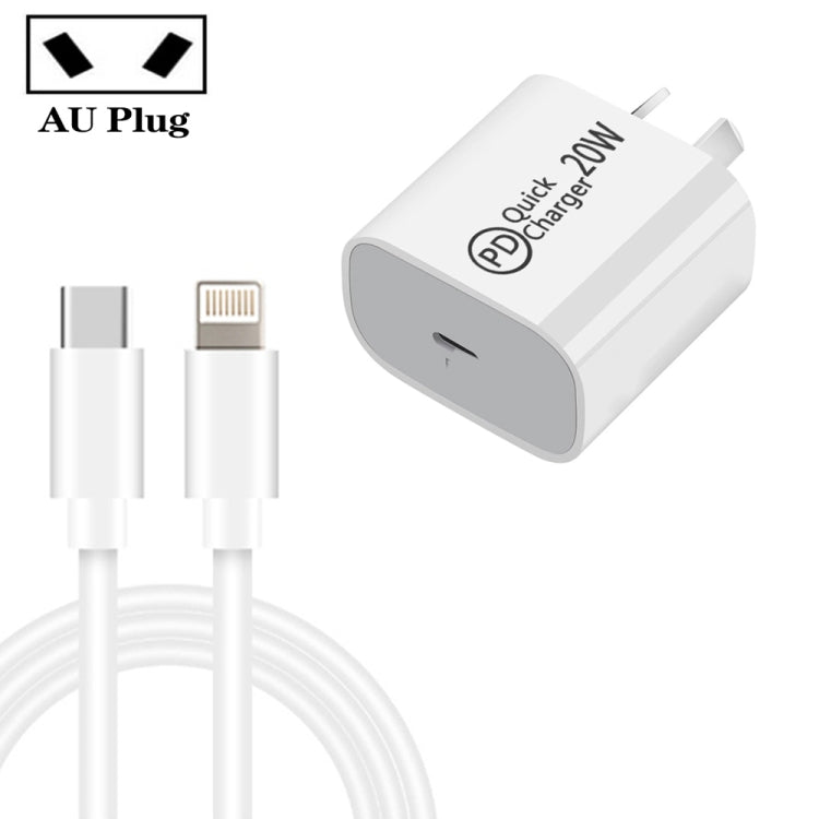 Caricabatterie da viaggio AU-20W PD USB-C / Type-C con cavo dati da USB-C a 8 pin, spina AU, AU Plug + 1m 8 Pin PD Cable, AU Plug + 2m 8 Pin PD Cable