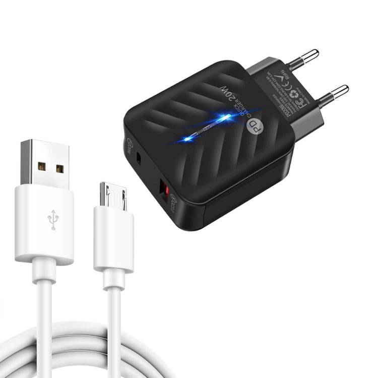 Caricabatterie USB PD03 20W PD3.0 + QC3.0 con cavo dati da USB a micro USB, spina europea, EU Plug + USB to Micro USB Cable