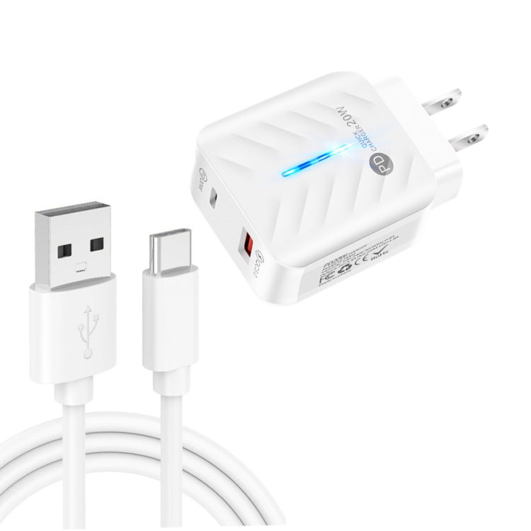 Caricabatterie USB PD03 20W PD3.0 + QC3.0 con cavo dati da USB a tipo C, spina USA, US Plug, US Plug + USB to Type-C Cable