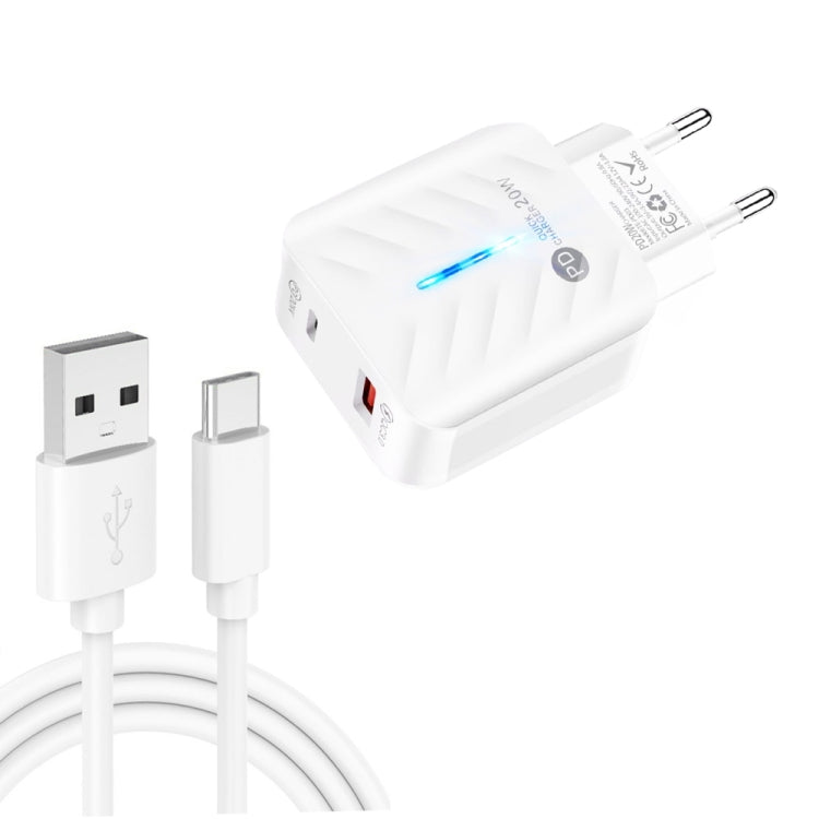 Caricabatterie USB PD03 20W PD3.0 + QC3.0 con cavo dati da USB a tipo C, spina europea, EU Plug, EU Plug + USB to Type-C Cable