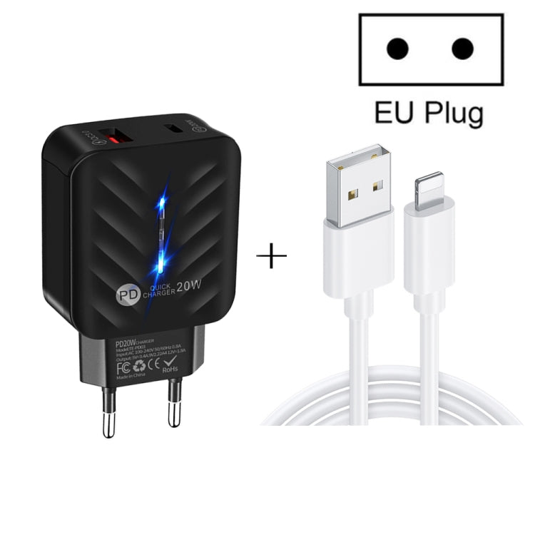 Caricabatterie USB PD03 20W PD3.0 + QC3.0 con cavo dati da USB a 8 pin, spina europea, EU Plug + USB to 8 Pin Cable