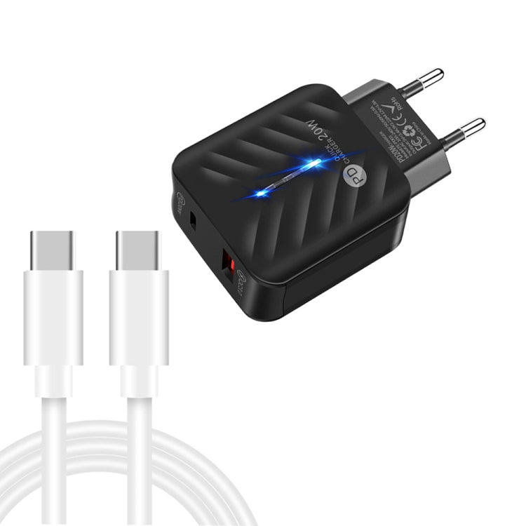 Caricabatterie USB PD03 20W PD3.0 + QC3.0 con cavo dati da tipo C a tipo C, spina europea, EU Plug + Type-C to Type-C Cable