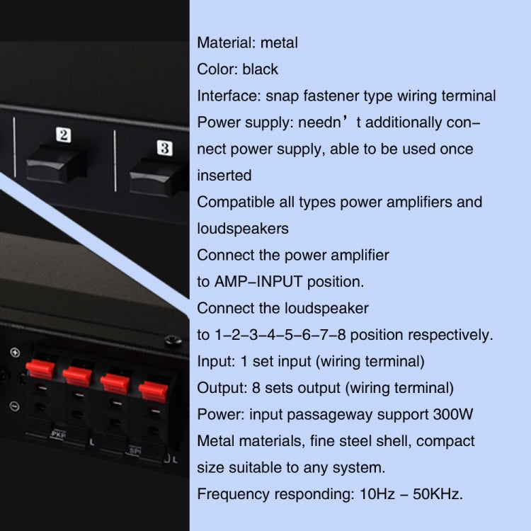 La scatola dell'amplificatore di potenza da 100 W 1 in 8 out distribuisce l'altoparlante dello switcher